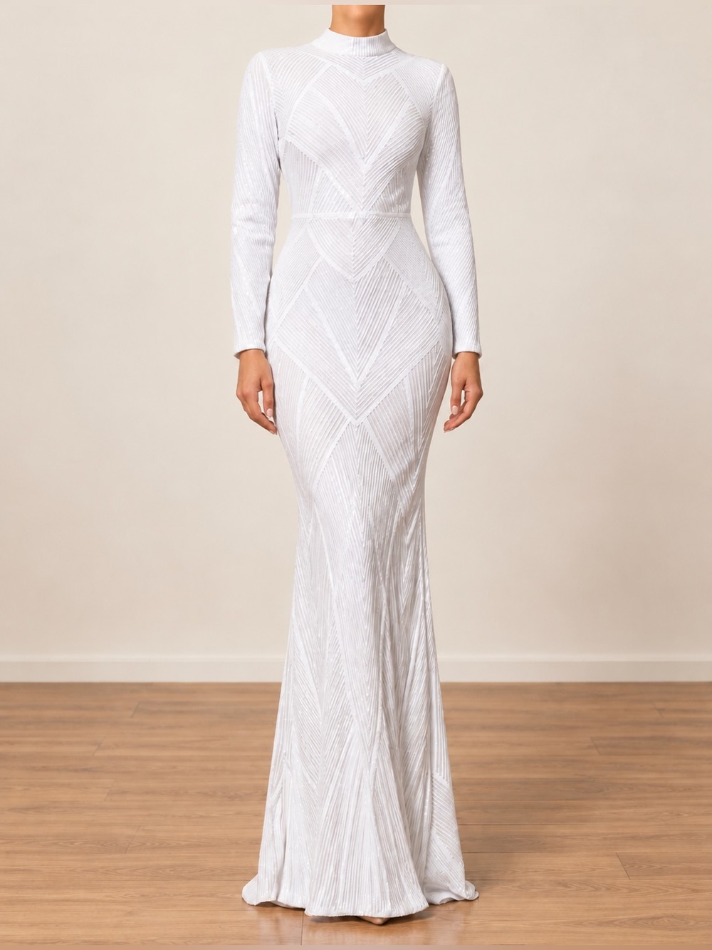 June Bridals White Geometric Sequin Long Sleeve Wedding Gown | XL -US Size 10/12